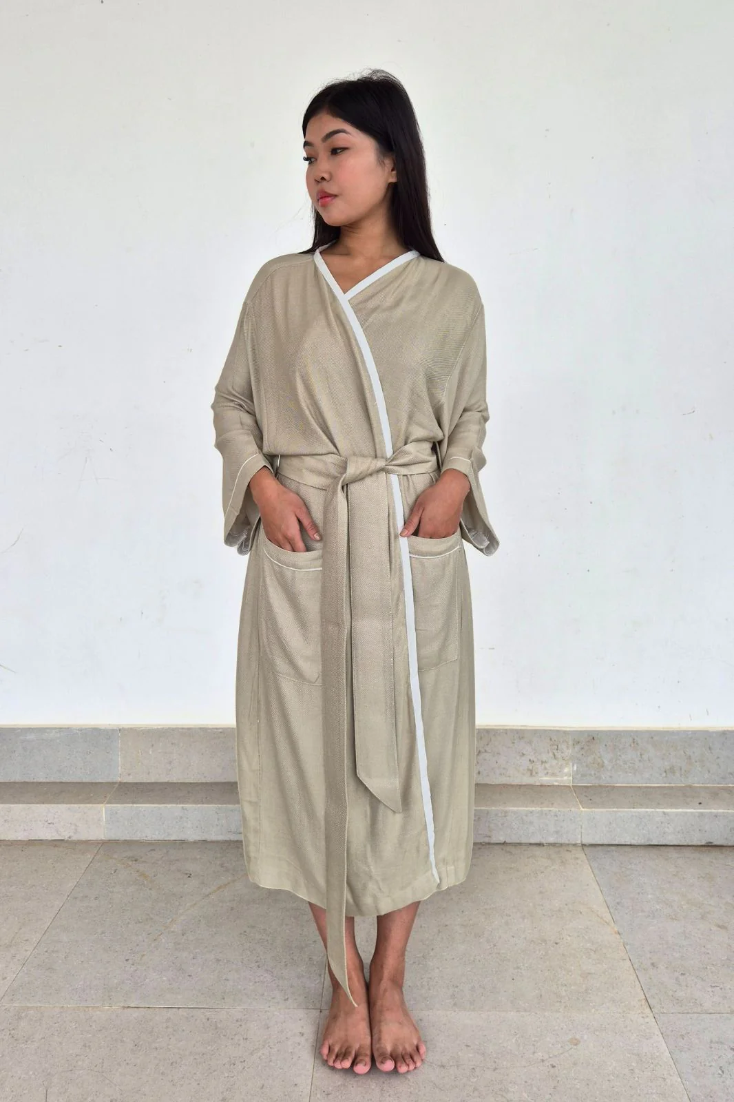 Kimono Style Bamboo Bathrobe, Autumn Leaf, Green - Image 5