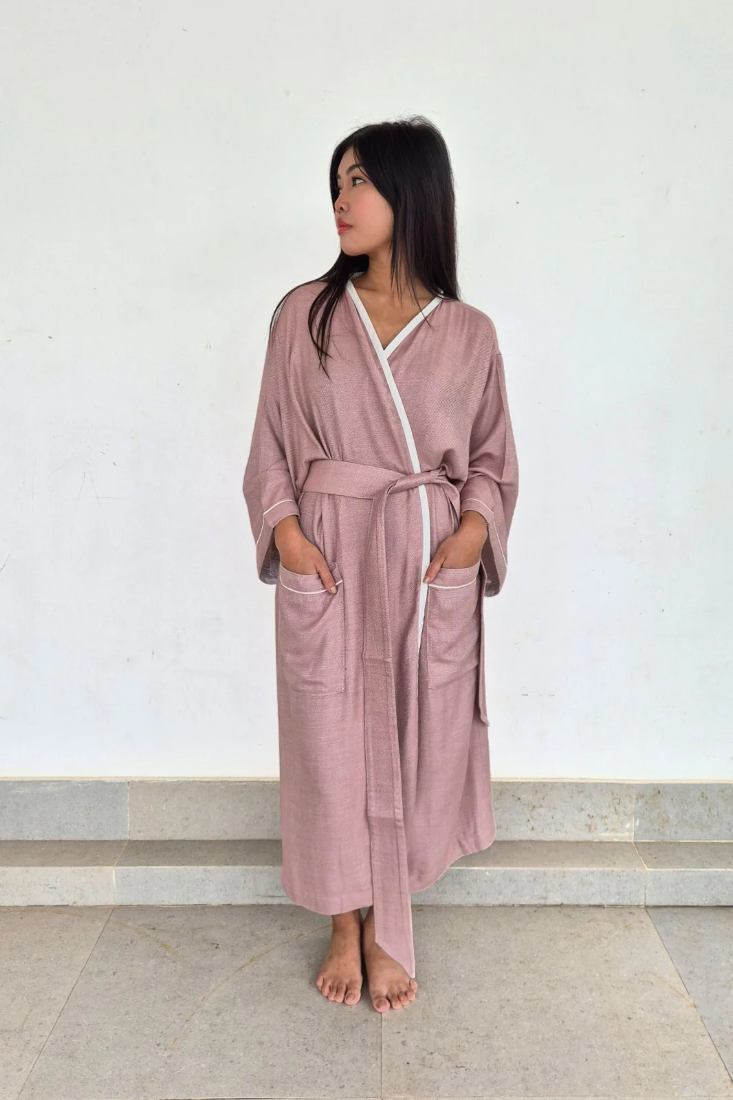 Kimono Style Bamboo Bathrobe, Rose Ash, Pink - Image 5