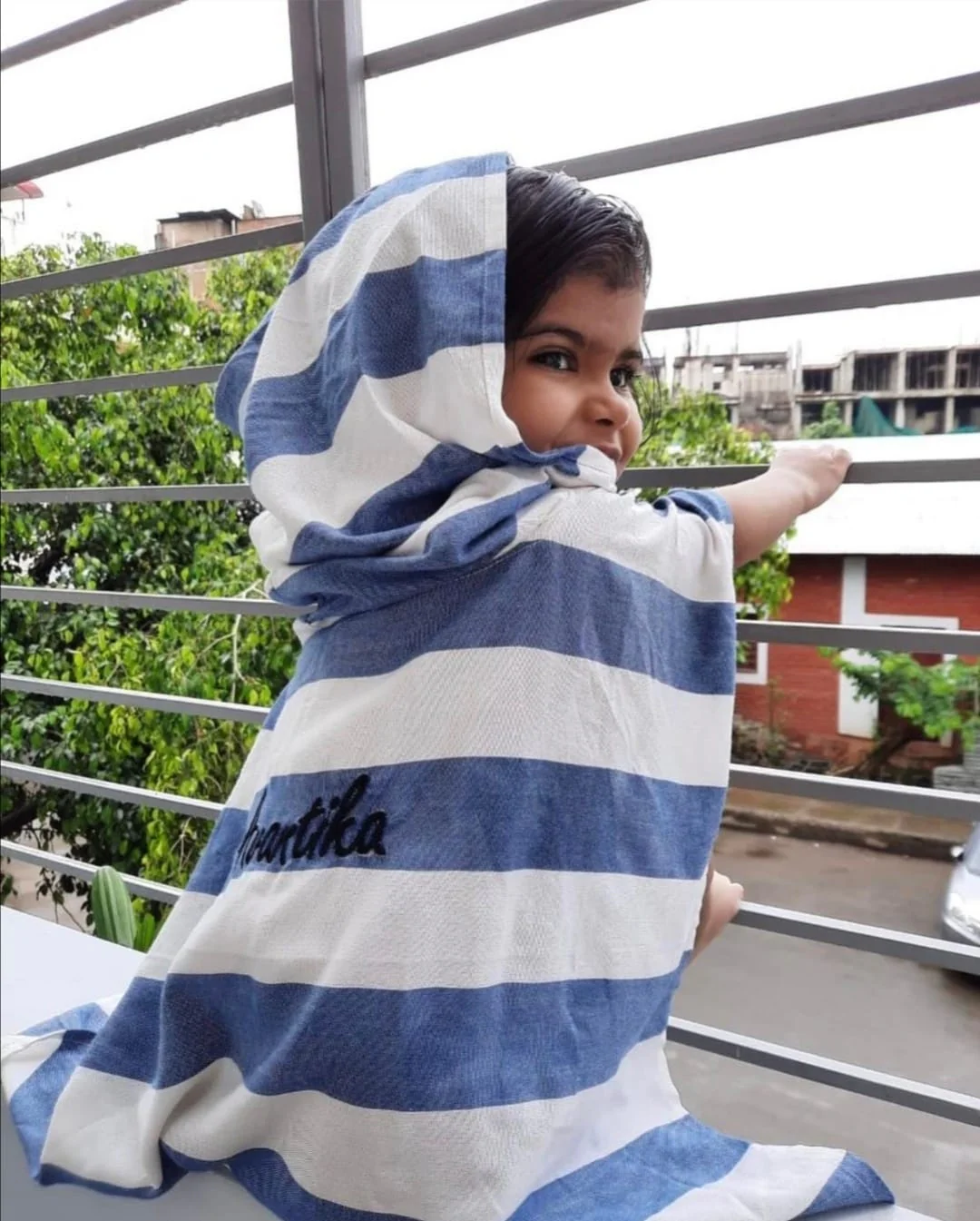 Personalized Thin Bamboo Baby Poncho- Vacation Blue - Image 3